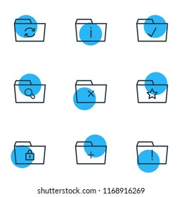 Vector illustration of 9 dossier icons line style. Editable set of info, add, starred and other icon elements.