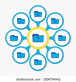 Vector illustration of 9 dossier icons colored line. Editable set of info, document case, script and other icon elements.