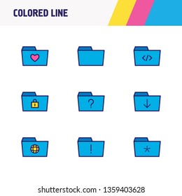 Vector illustration of 9 dossier icons colored line. Editable set of attention, question, archive and other icon elements.