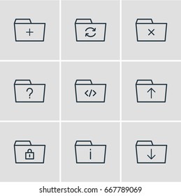 Vector Illustration Of 9 Dossier Icons. Editable Pack Of Script, Upload, Plus And Other Elements.