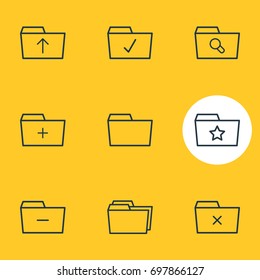 Vector Illustration Of 9 Dossier Icons. Editable Pack Of Pinned, Folders, Submit And Other Elements.