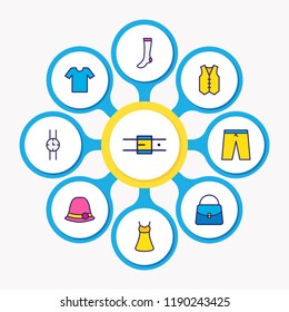Vector illustration of 9 dress icons colored line. Editable set of belt, bag, watch and other icon elements.