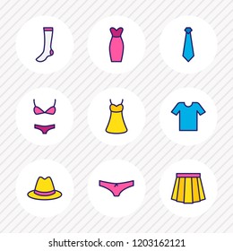 Vector illustration of 9 dress icons colored line. Editable set of hat, tie, skirt and other icon elements.