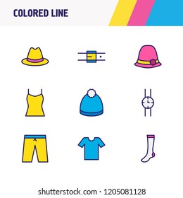Vector illustration of 9 dress icons colored line. Editable set of winter hat, shorts, belt and other icon elements.