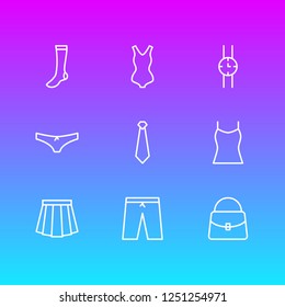 Vector illustration of 9 dress icons line style. Editable set of skirt, bag, swimsuit and other icon elements.