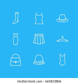 Vector Illustration Of 9 Dress Icons. Editable Pack Of Fedora, Panama, Swimwear And Other Elements.