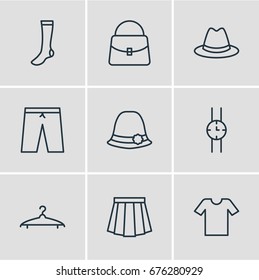 Vector Illustration Of 9 Dress Icons. Editable Pack Of Hand Clock, Hosiery, Handbag Elements.