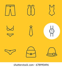 Vector Illustration Of 9 Dress Icons. Editable Pack Of Panama, Waistcoat, Handbag Elements.