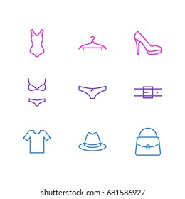 Vector Illustration Of 9 Dress Icons. Editable Pack Of Casual, Cloakroom, Swimsuit And Other Elements.