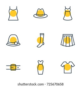 Vector Illustration Of 9 Dress Icons. Editable Pack Of Panama, Apparel, Hosiery And Other Elements.