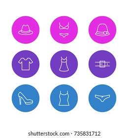 Vector Illustration Of 9 Dress Icons. Editable Pack Of Panties, Swimsuit, Singlet And Other Elements.