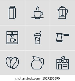Vector illustration of 9 drink icons line style. Editable set of coffee machine, cezve, cafe and other icon elements.