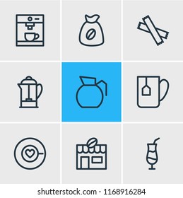 Vector illustration of 9 drink icons line style. Editable set of coffee machine, sack, tea bag and other icon elements.