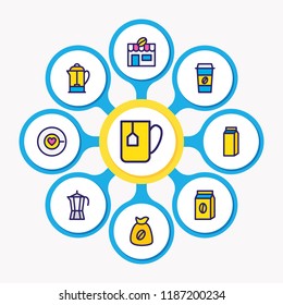 Vector illustration of 9 drink icons colored line. Editable set of coffee pack, percolator, coffee to go and other icon elements.