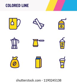 Vector illustration of 9 drink icons colored line. Editable set of coffee drink, cezve, sugar and other icon elements.