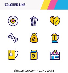 Vector illustration of 9 drink icons colored line. Editable set of percolator, coffee love, coffee mug and other icon elements.