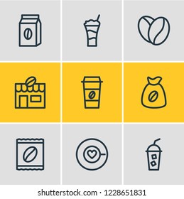 Vector illustration of 9 drink icons line style. Editable set of latte, arabica bean, sack and other icon elements.