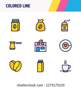 Vector illustration of 9 drink icons colored line. Editable set of coffee bean, coffee pack, cezve and other icon elements.