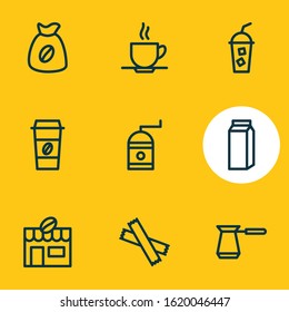 Vector illustration of 9 drink icons line style. Editable set of pocket milk, cold drink, mocha grinder and other icon elements.