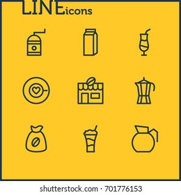 Vector Illustration Of 9 Drink Icons. Editable Pack Of Saucer, Mill, Paper Box And Other Elements.