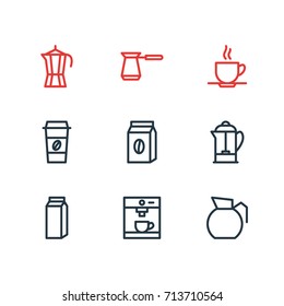 Vector Illustration Of 9 Drink Icons. Editable Pack Of Paper Box, Package, Coffee To Go And Other Elements.
