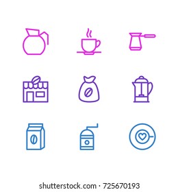 Vector Illustration Of 9 Drink Icons. Editable Pack Of Saucer, Bag, Mill And Other Elements.