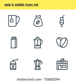 Vector Illustration Of 9 Drink Icons. Editable Pack Of Drink Pot, Paper Box, Bag And Other Elements.