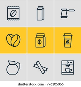 Vector illustration of 9 drink icons line style. Editable set of turkish, package latte, espresso and other elements.