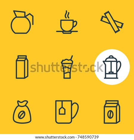 Vector Illustration Of 9 Drink Icons. Editable Pack Of Sweetener, Package, Bag And Other Elements.