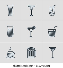 Vector illustration of 9 drinks icons line style. Editable set of martini, turkish tea, juice and other icon elements.