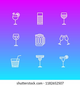 Vector illustration of 9 drinks icons line style. Editable set of beverage, water glass, alcohol and other icon elements.