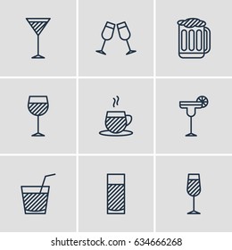 Vector Illustration Of 9 Drinks Icons. Editable Pack Of Beverage, Aqua, Drink And Other Elements.