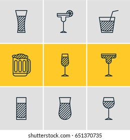 Vector Illustration Of 9 Drinks Icons. Editable Pack Of Glass, Draught, Aqua And Other Elements.