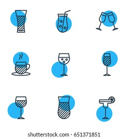 Vector Illustration Of 9 Drinks Icons. Editable Pack Of Glass, Tea Cup, Beverage And Other Elements.