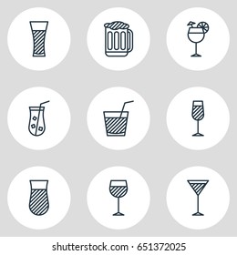 Vector Illustration Of 9 Drinks Icons. Editable Pack Of Draught, Glass, Juice And Other Elements.