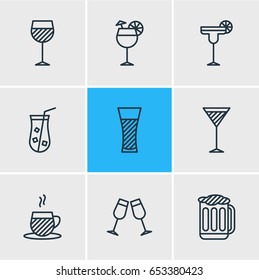 Vector Illustration Of 9 Drinks Icons. Editable Pack Of Draught, Beverage, Juice And Other Elements.