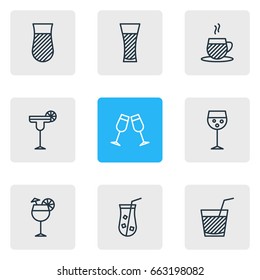 Vector Illustration Of 9 Drinks Icons. Editable Pack Of Celebrate, Tea Cup, Juice And Other Elements.