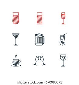 Vector Illustration Of 9 Drinks Icons. Editable Pack Of Juice, Goblet, Aqua And Other Elements.