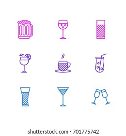 Vector Illustration Of 9 Drinks Icons. Editable Pack Of Juice, Margarita, Lemonade And Other Elements.
