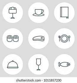 Vector illustration of 9 eating icons line style. Editable set of japanese roll, tea, wineglass and other icon elements.