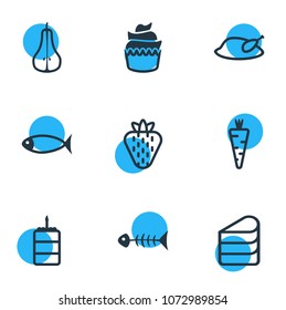 Vector illustration of 9 eating icons line style. Editable set of pear half, carrot, fish and other icon elements.