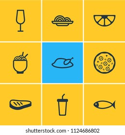 Vector illustration of 9 eating icons line style. Editable set of wineglass, spaghetti, noodles and other icon elements.