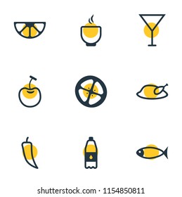 Vector illustration of 9 eating icons line style. Editable set of soup, chicken, fish and other icon elements.