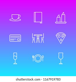 Vector illustration of 9 eating icons line style. Editable set of credit, meal, wine and other icon elements.