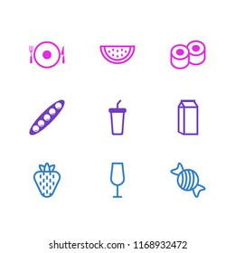 Vector illustration of 9 eating icons line style. Editable set of peas, candy, sushi icon elements.