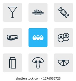 Vector illustration of 9 eating icons line style. Editable set of noodles, steak, dairy and other icon elements.