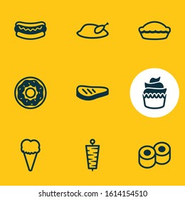 Vector illustration of 9 eating icons line style. Editable set of little cake, donuts, sushi and other icon elements.