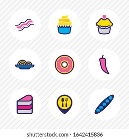 Vector illustration of 9 eating icons colored line. Editable set of peas, little cake, restaurant and other icon elements.