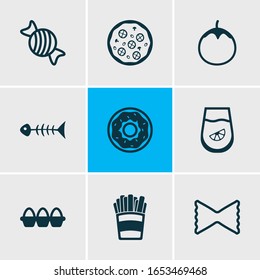 Vector illustration of 9 eating icons line style. Editable set of tray of eggs, fishbone, pizza and other icon elements.