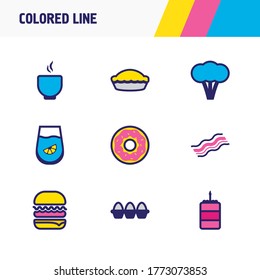 Vector illustration of 9 eating icons colored line. Editable set of pie, soup, broccoli and other icon elements.
